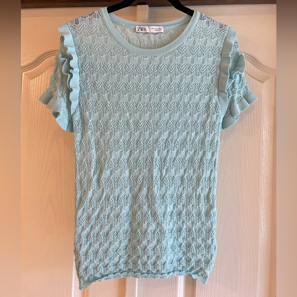 Zara light green pointelle crochet sweater
